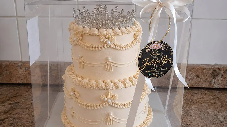 Two-tier ivory celebration cake with piped pearl detailing and a crystal tiara