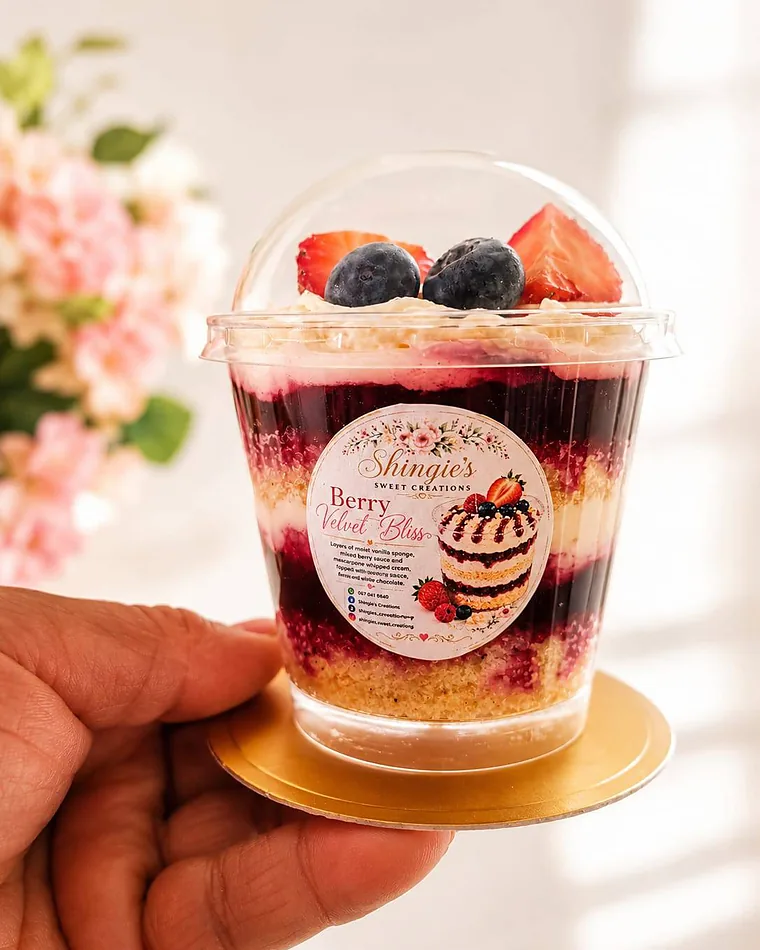Berry Velvet Bliss dessert cup topped with fresh strawberries and blueberries