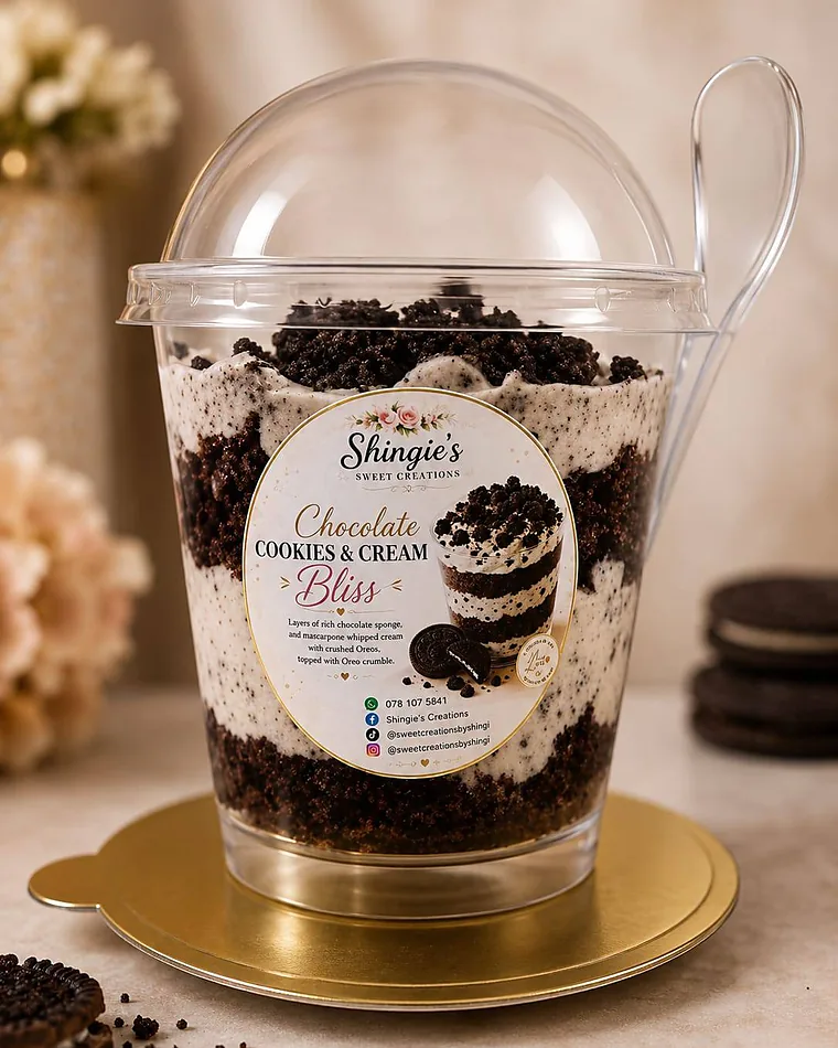 Chocolate Cookies and Cream Bliss dessert cup layered with chocolate sponge, mascarpone cream and Oreo crumble