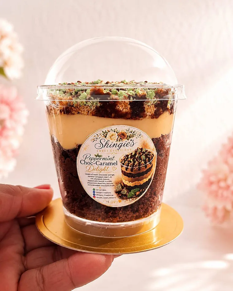 Peppermint Choc-Caramel Delight dessert cup topped with peppermint crisp crumble