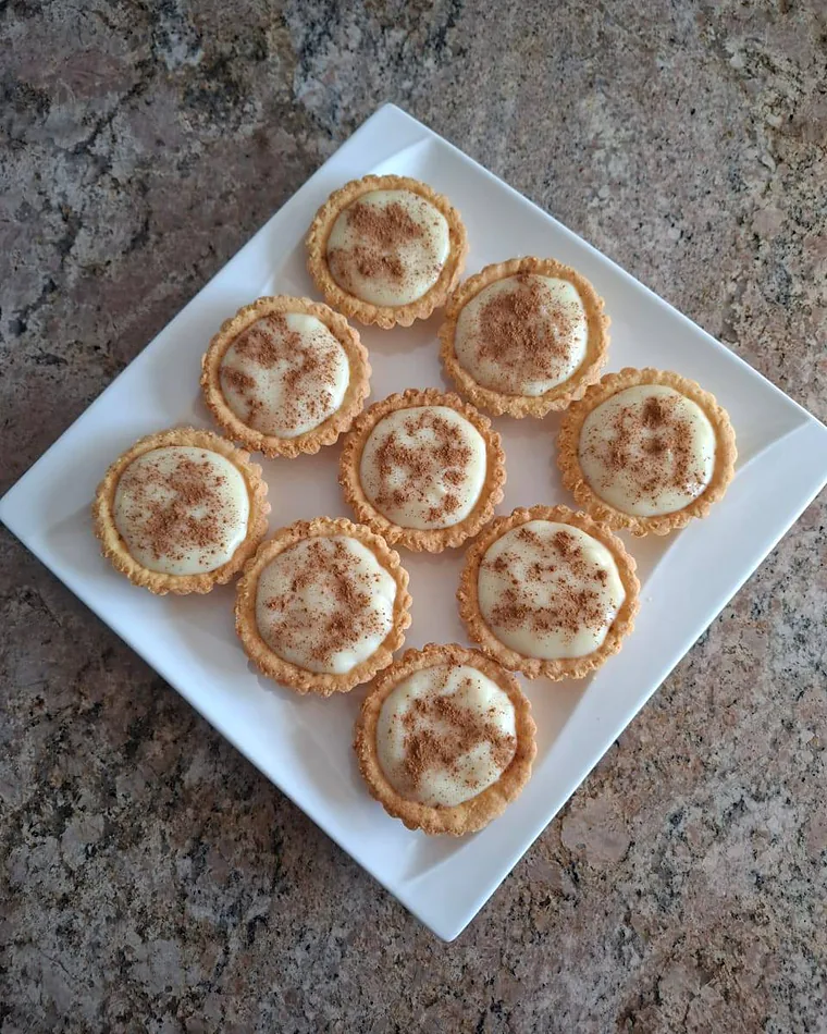 Nine milk tart tartlets dusted with cinnamon on a white platter